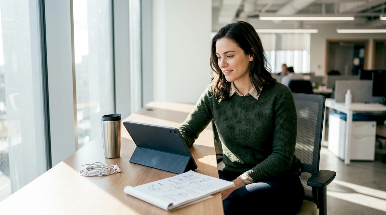 Woman practicing video interview for AI analysis