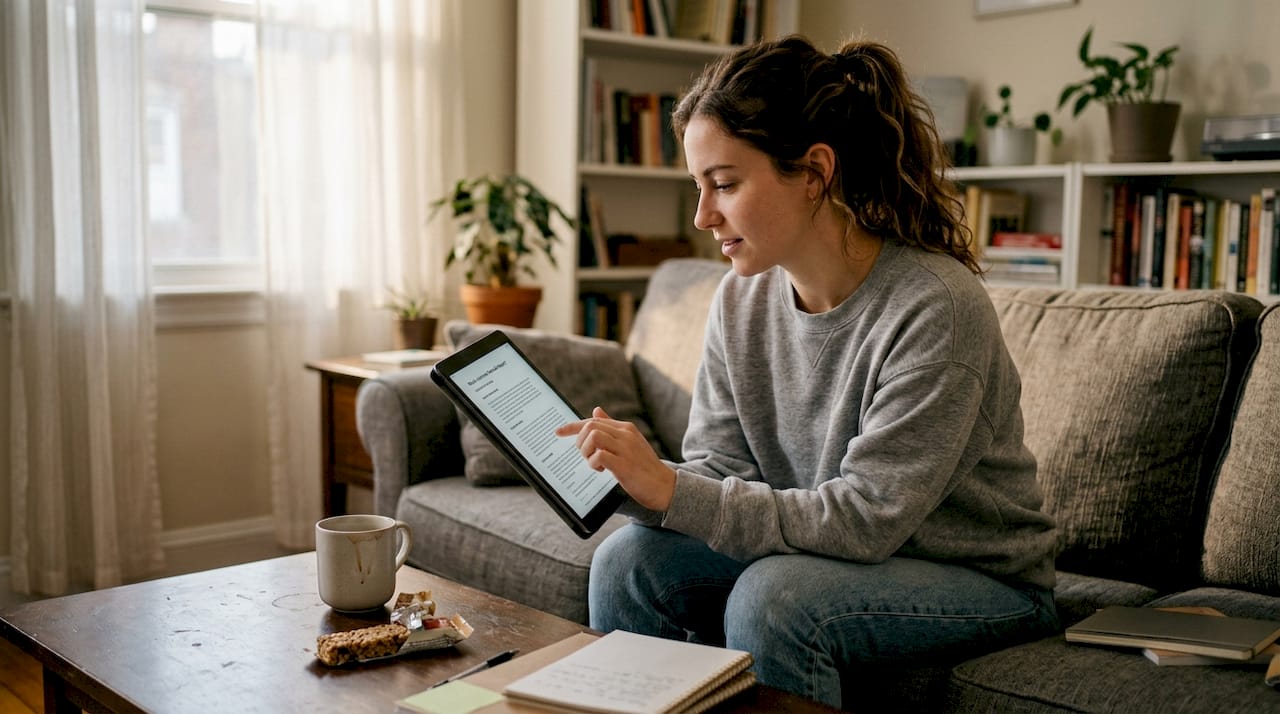 Woman reviewing interview feedback on tablet