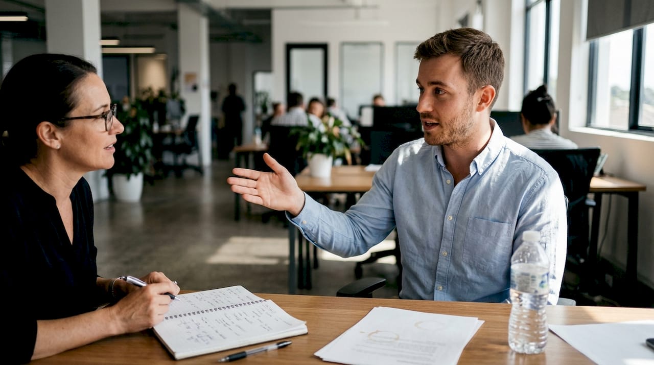 Candidate shares work story in interview