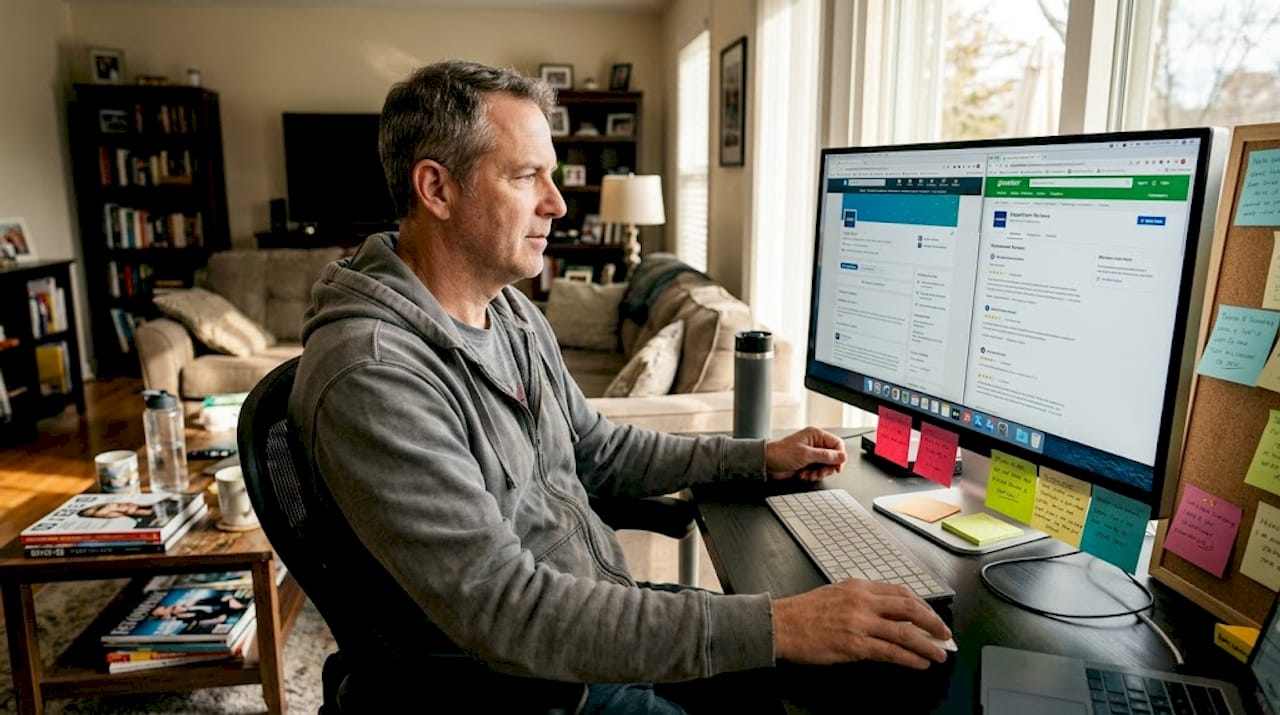 Man using online tools for company research