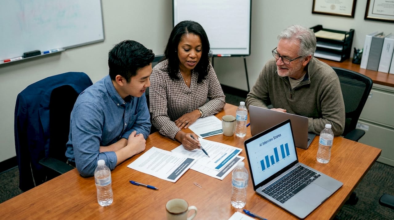 Diverse HR team reviewing AI interview scores