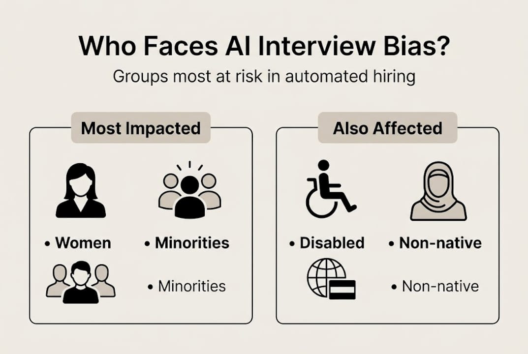 Infographic showing AI interview bias and affected groups