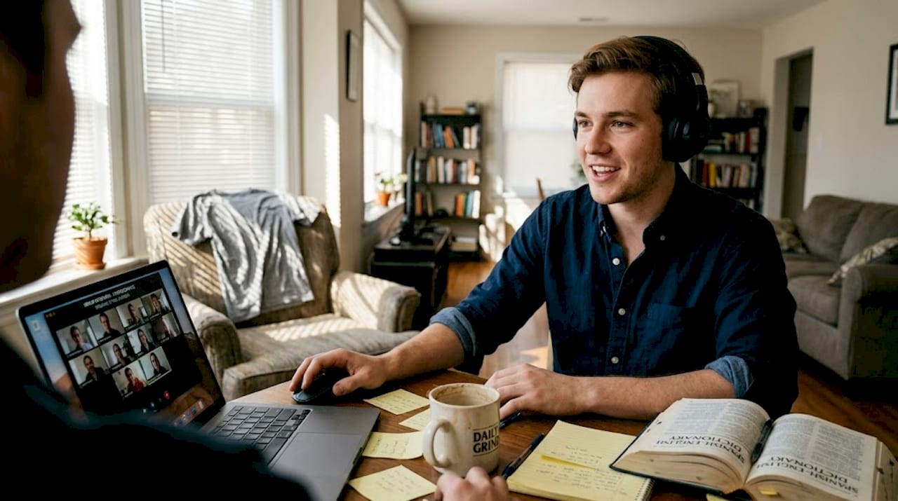 Confident job seeker in living room workspace