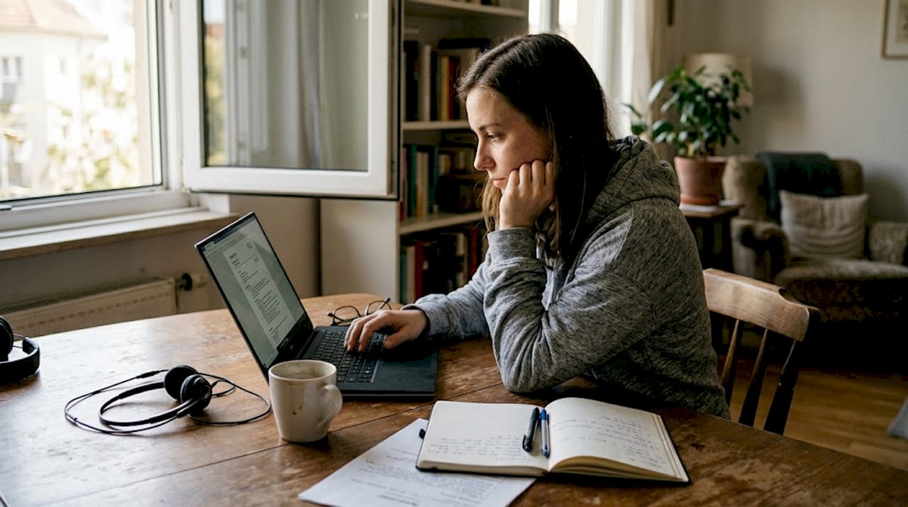 Job seeker editing resume at home table