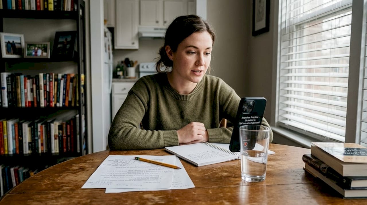 Candidate practicing interview answers at home