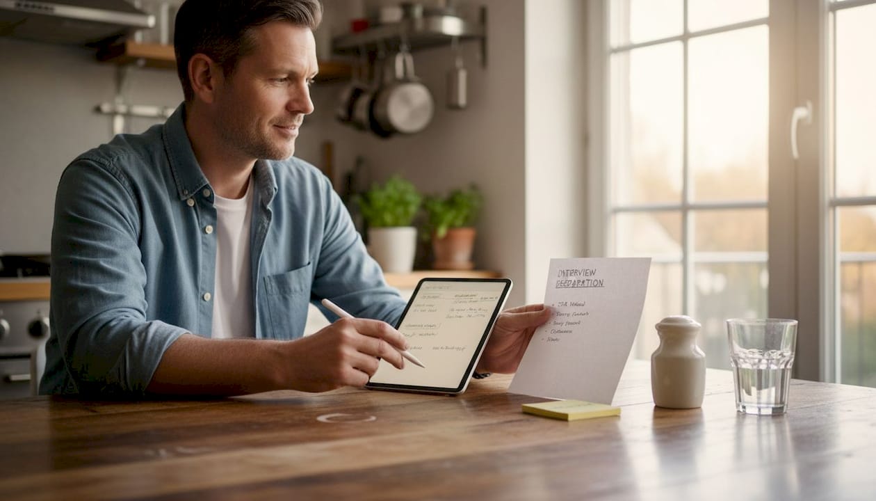 Man prepares for AI interview at table