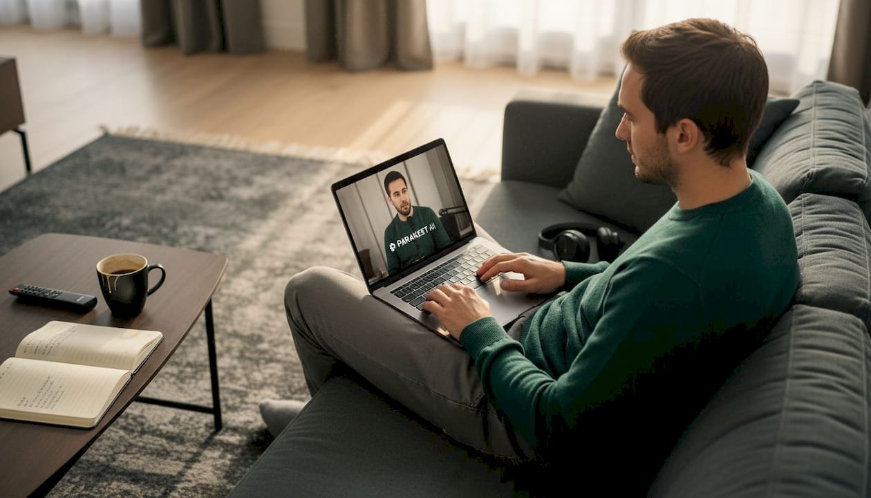 Man reviewing practice interview video