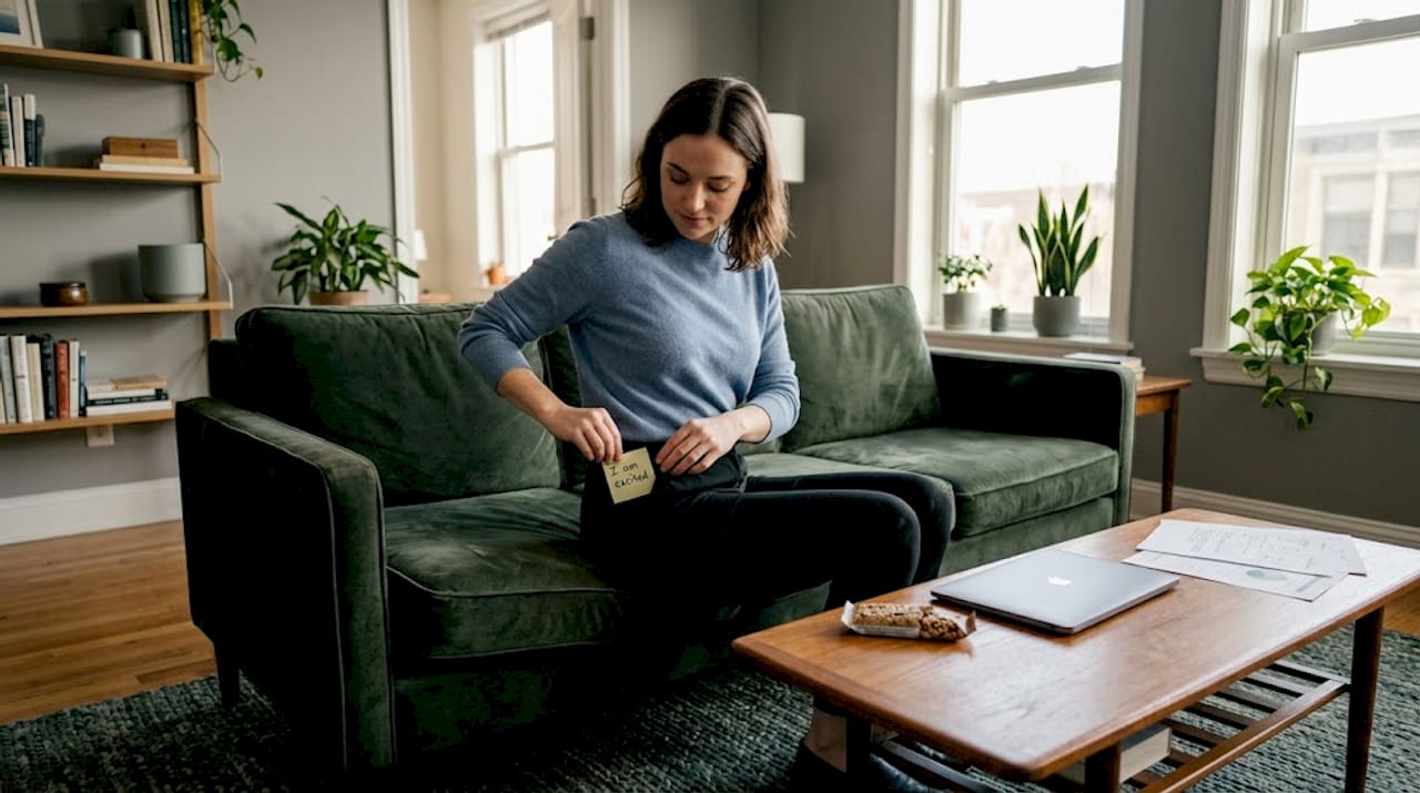 Woman preparing for interview with positive note