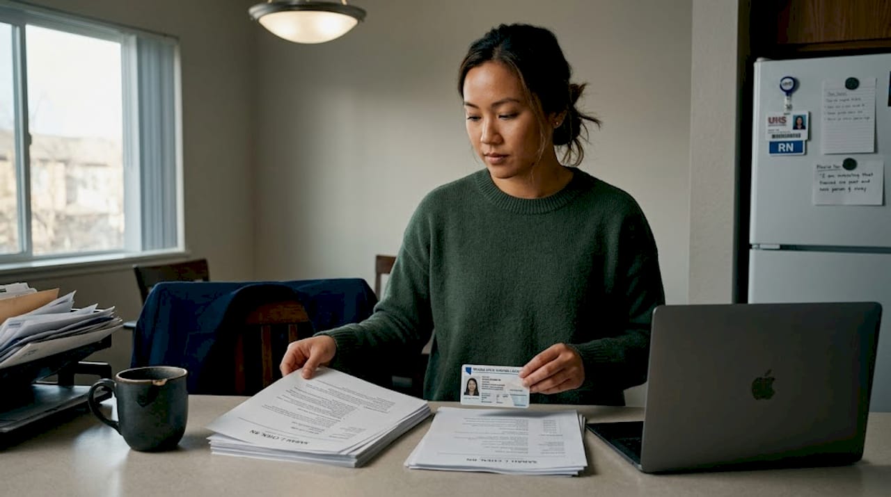 Nurse organizing interview documents at home