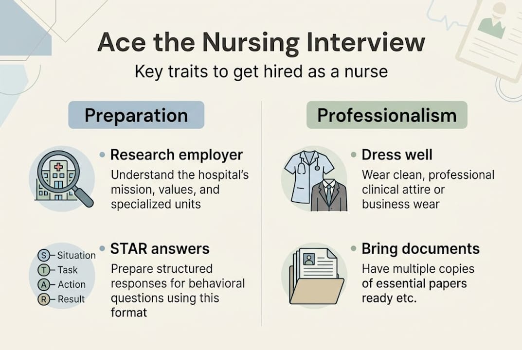 Infographic showing key nursing interview strategies
