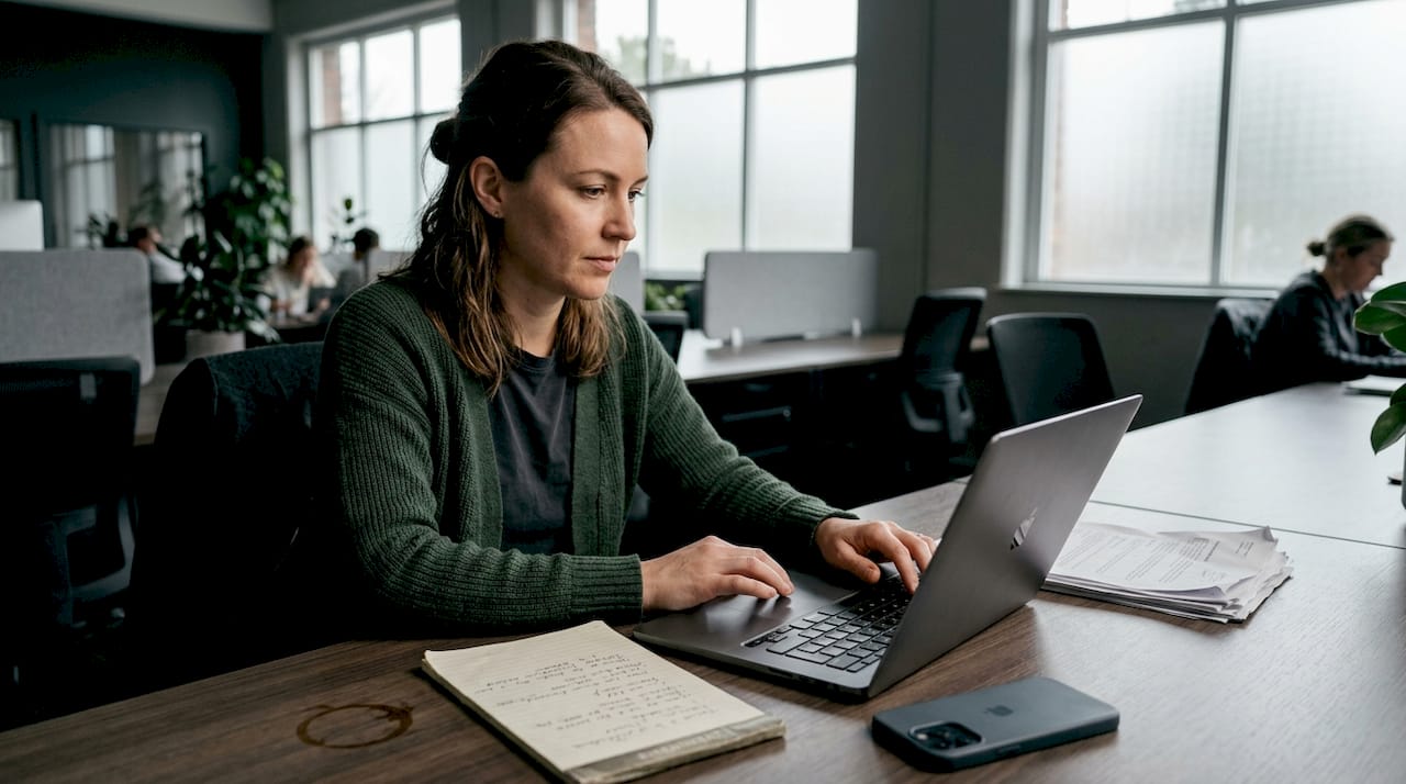 Woman preparing workspace for interview