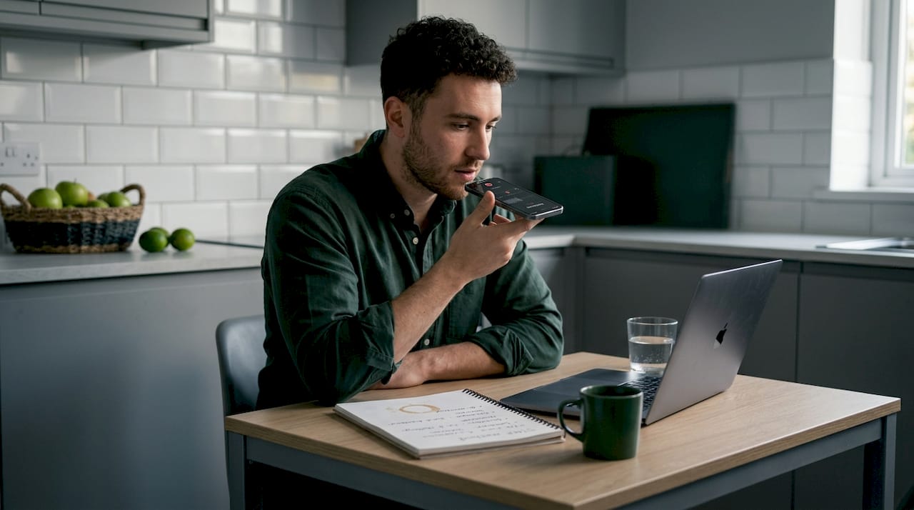Man practicing interview at kitchen table