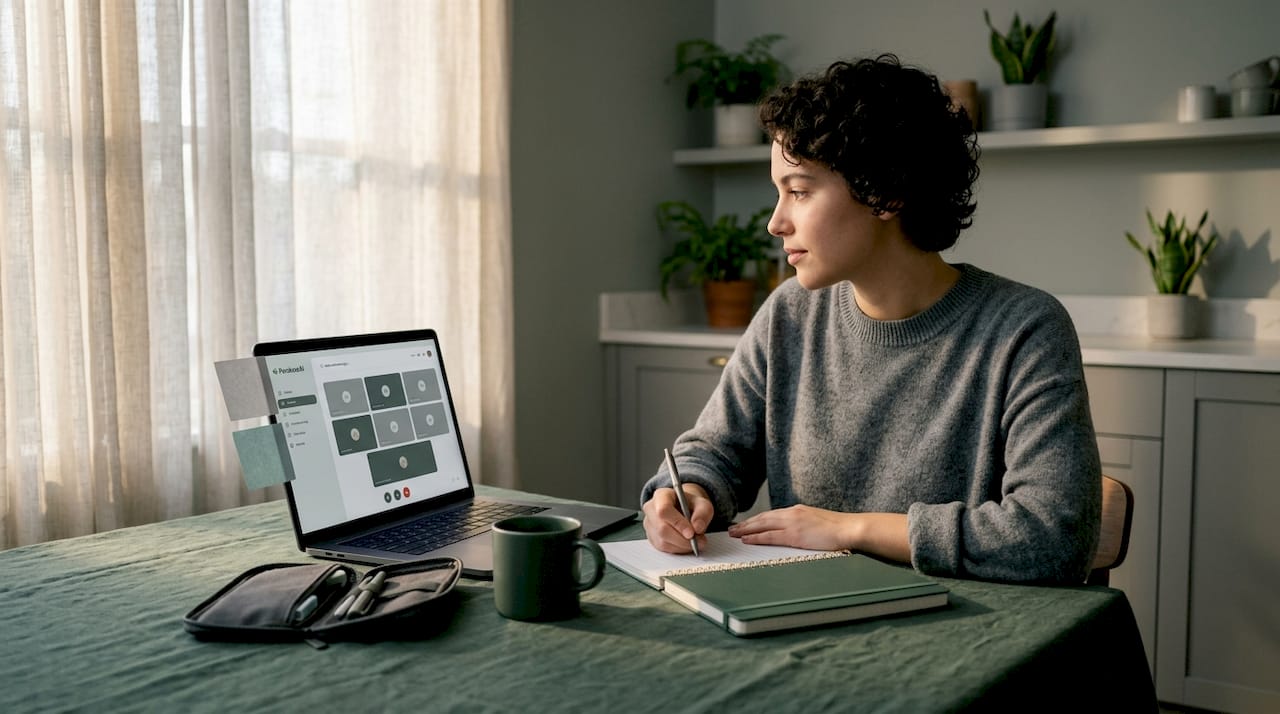 Job seeker writing interview questions at kitchen table