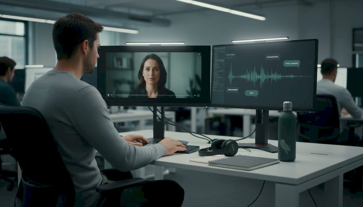 Man analyzes multimedia interview data in office