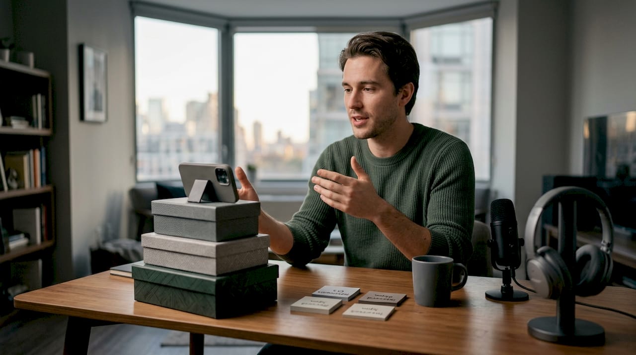 Man recording interview responses at home desk