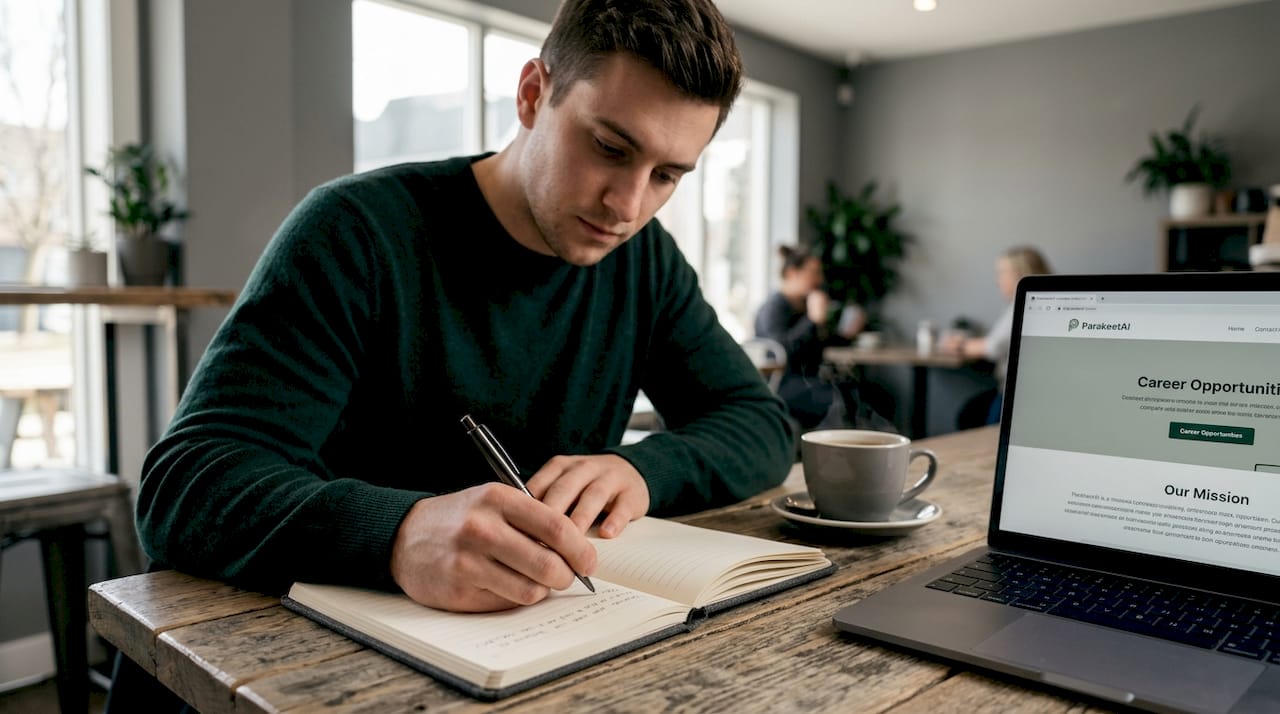 Job seeker writing interview questions at kitchen table