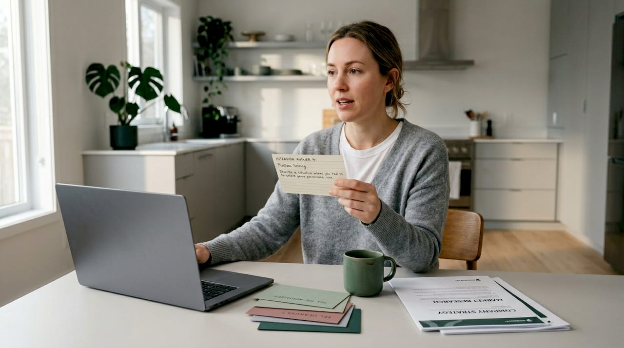 Woman rehearsing interview answers with notes