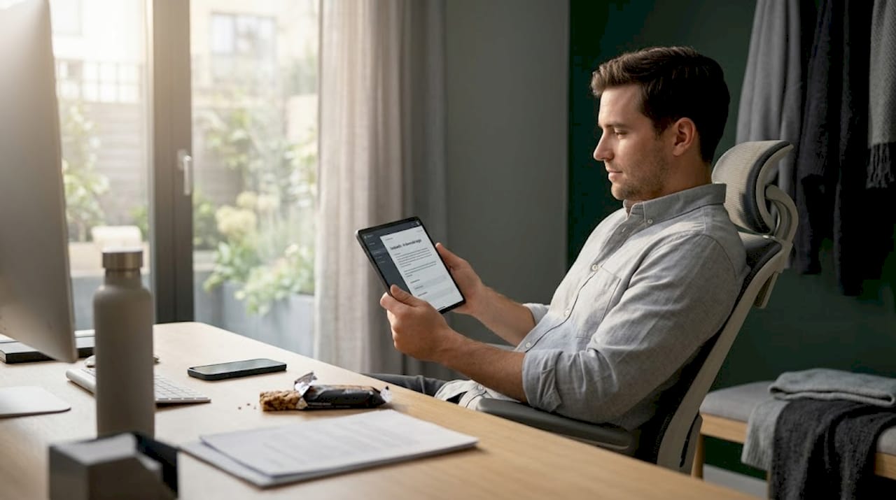 Man using tablet for AI-generated answer at desk