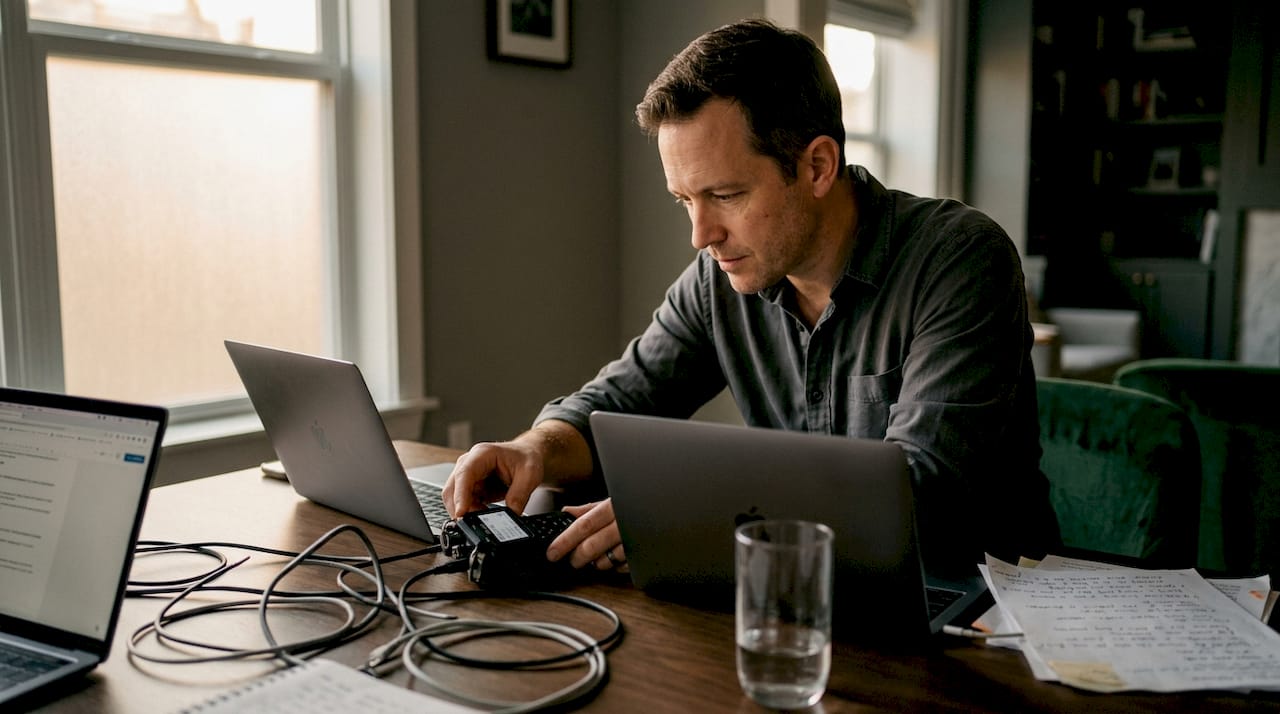 Man checking audio recorder for interview