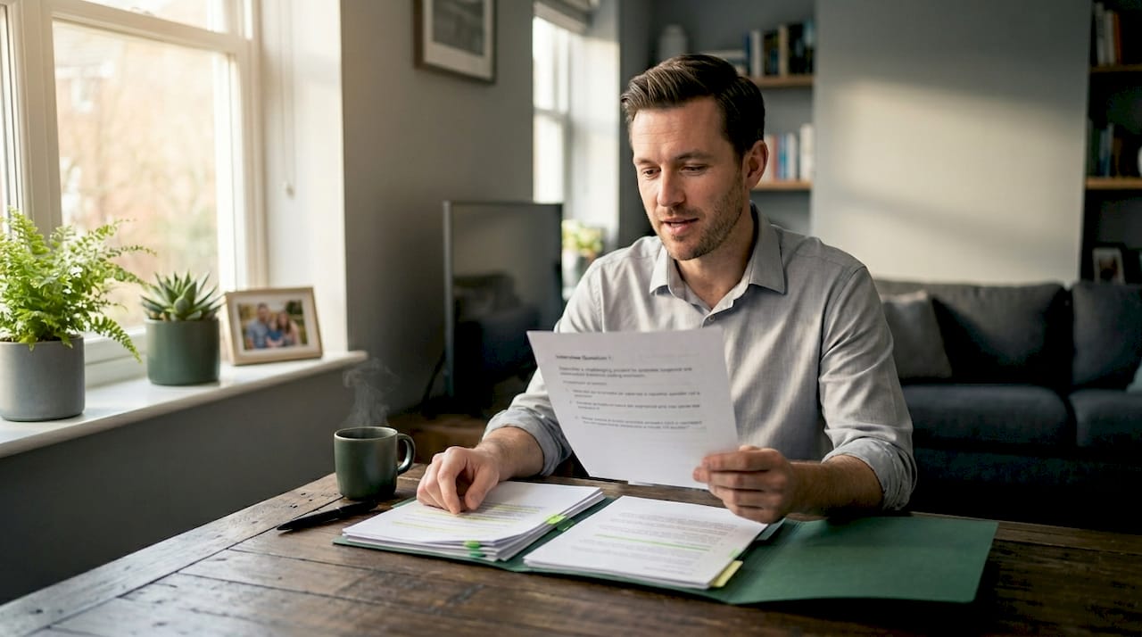 Man practicing interview answers with printed notes