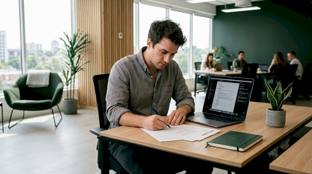 Candidate reviewing resume bullet points for interview