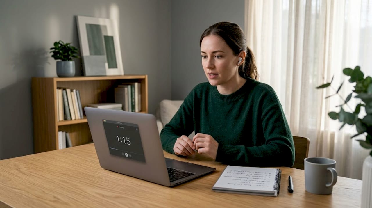 Woman timing interview practice at bedroom desk