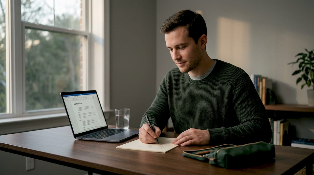 Man writing quick reference card for interview