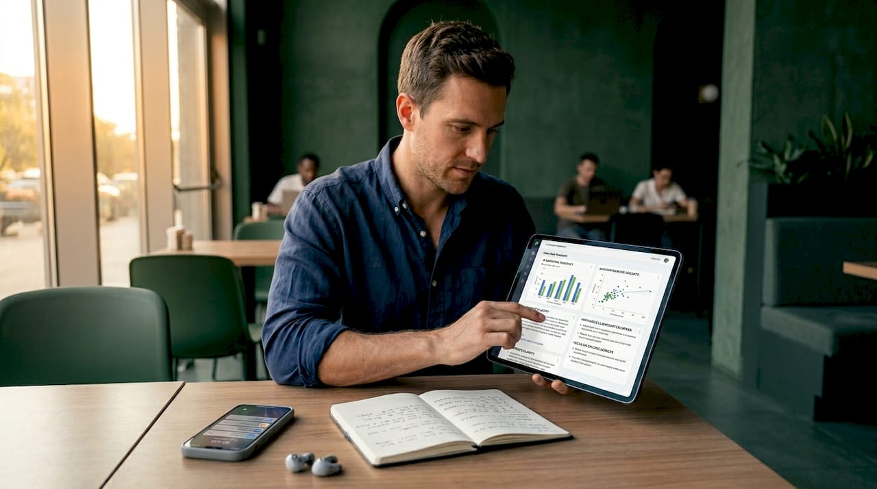 Man reviewing AI interview feedback on tablet