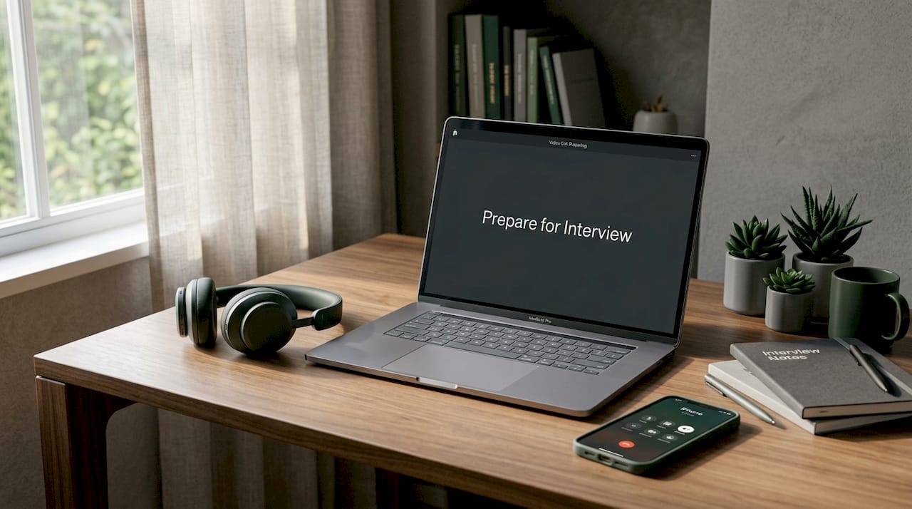 Organized home office setup for phone interview