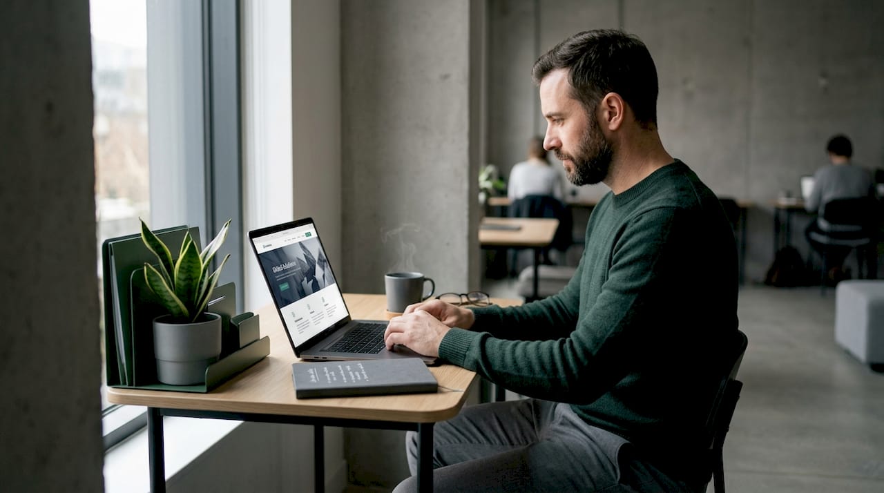 Man researching company on laptop at kitchen table