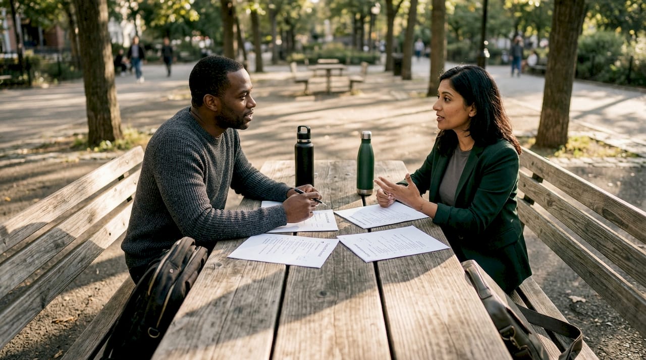 Two engineering managers discussing interview stages over coffee
