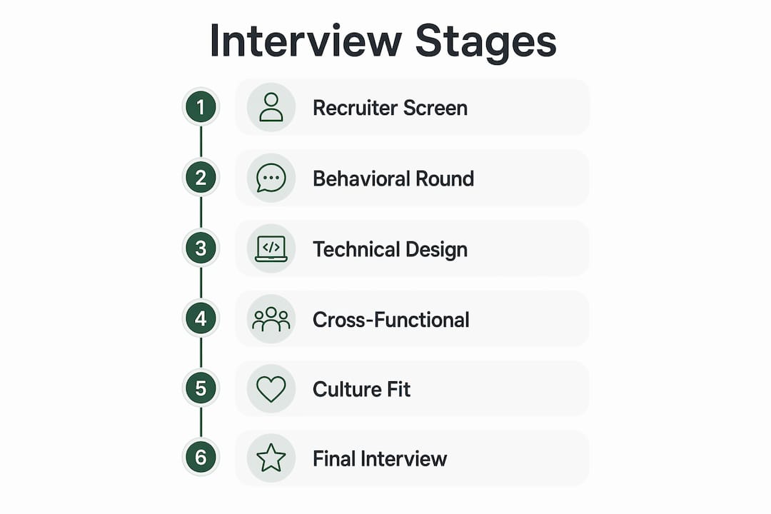 Infographic illustrating six interview stages for engineering managers