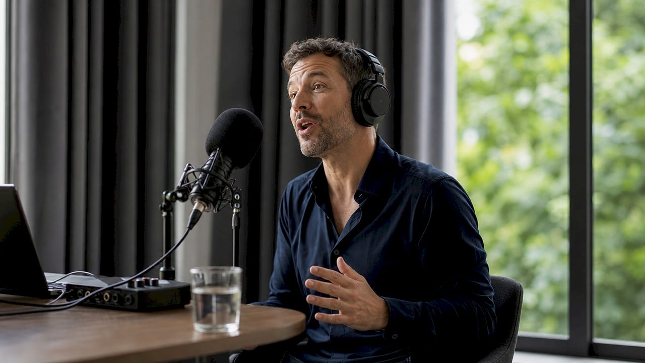 Man speaking with headphones in recording booth