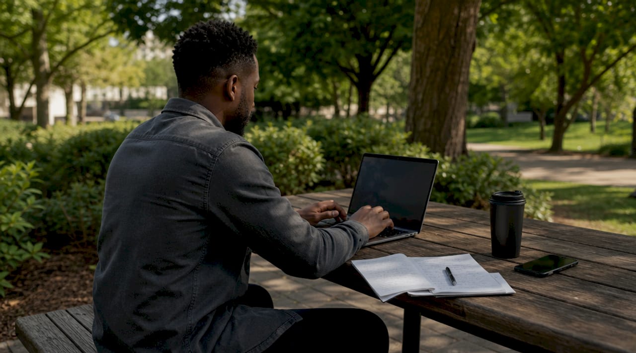 Hands typing adaptive interview questions on laptop