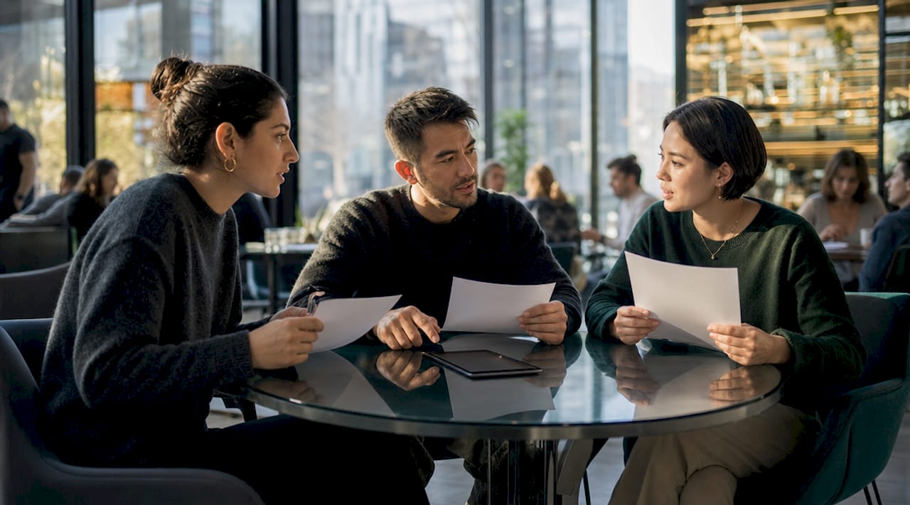 Diverse interview panel discussing candidate evaluations