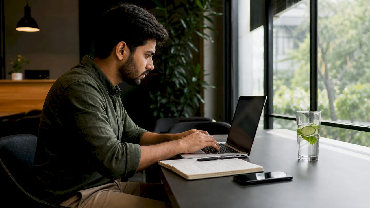 Man practicing AI scored interview in coworking space
