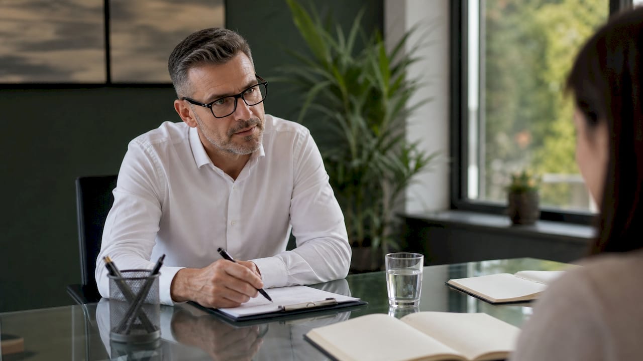 Interviewer taking notes analyzing candidate behavior