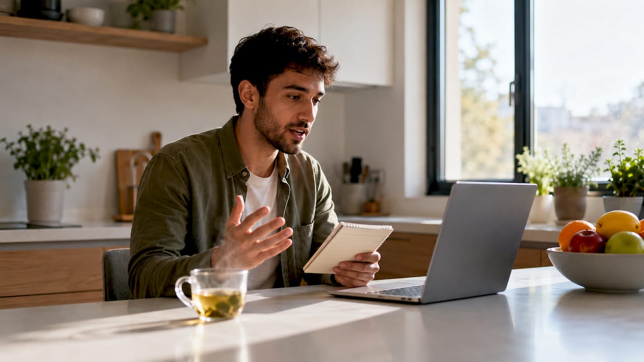 Man practicing behavioral interview answers at home