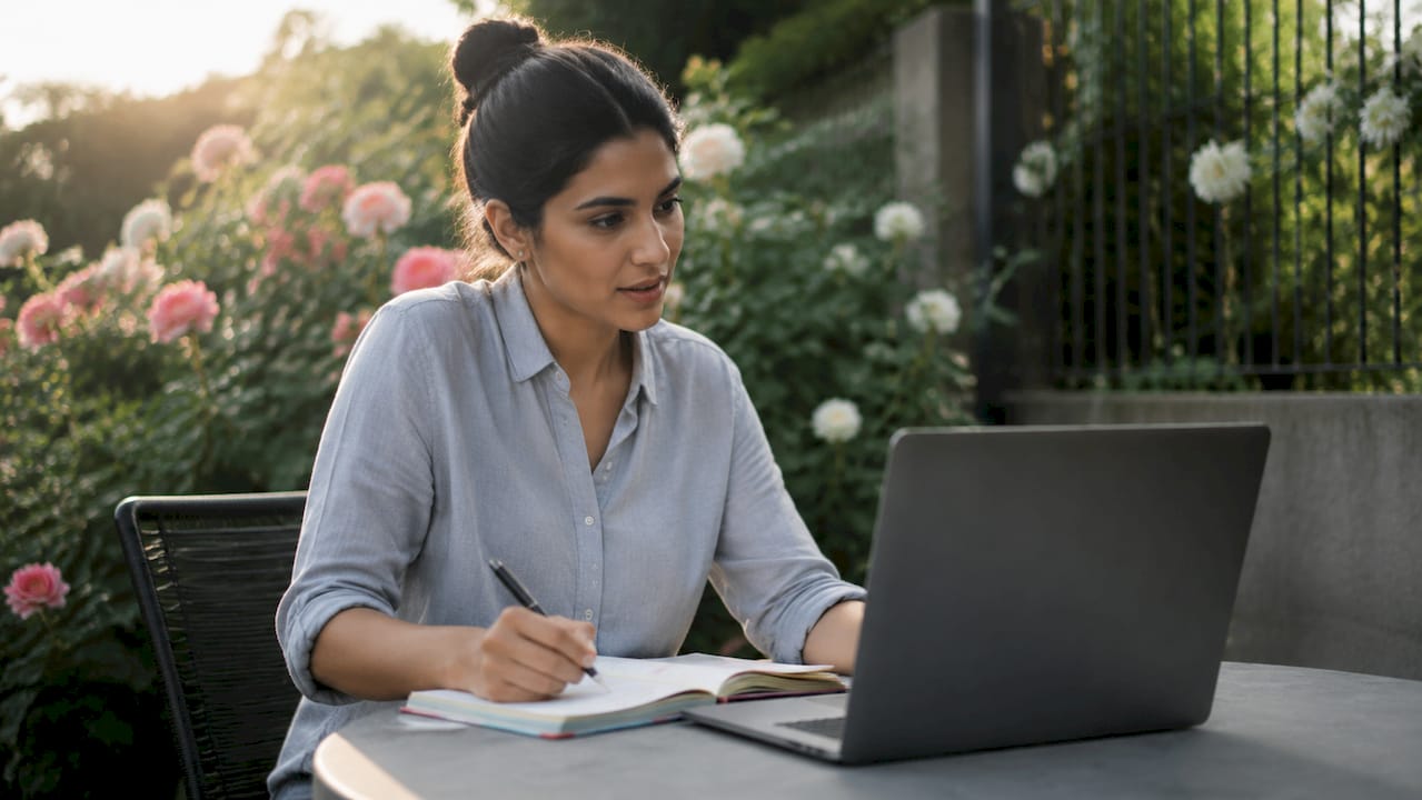 Young woman candidate answering interview at home