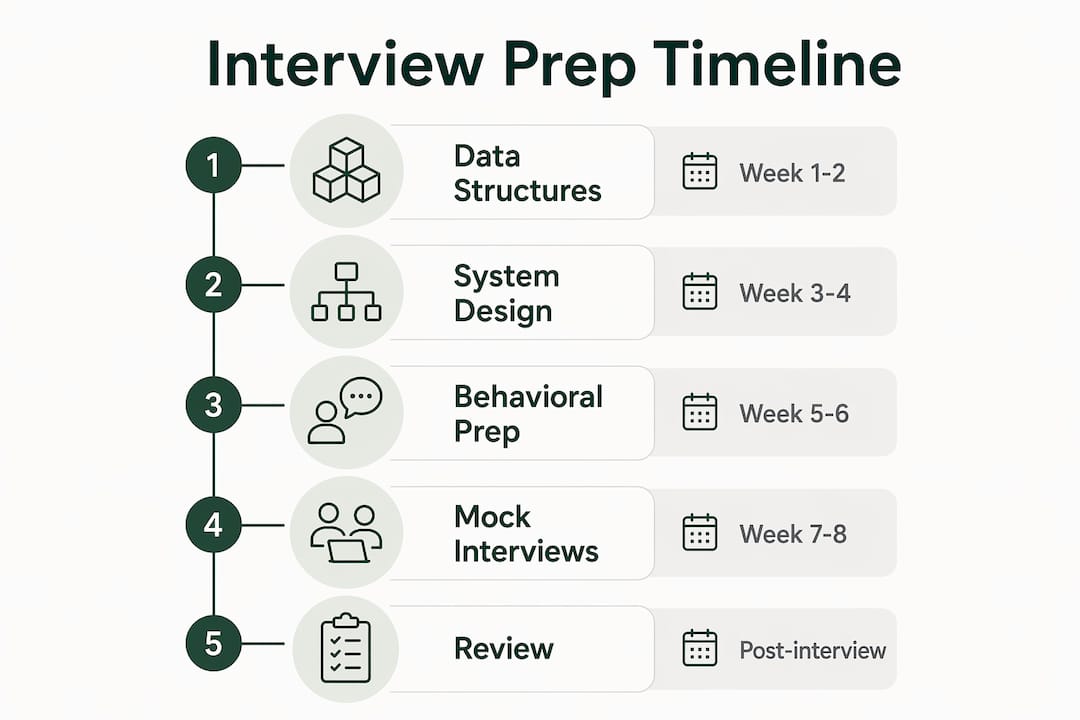 Infographic showing software engineering interview preparation timeline in five steps