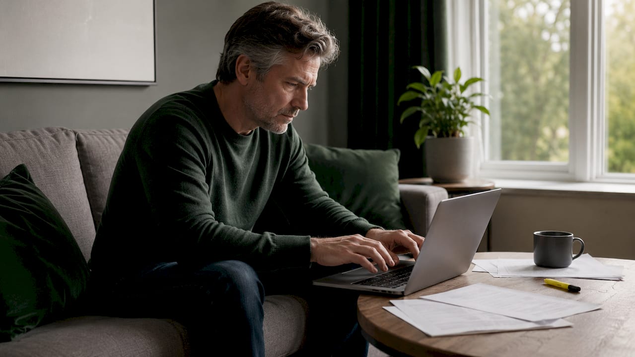 Man typing notes on laptop at home office