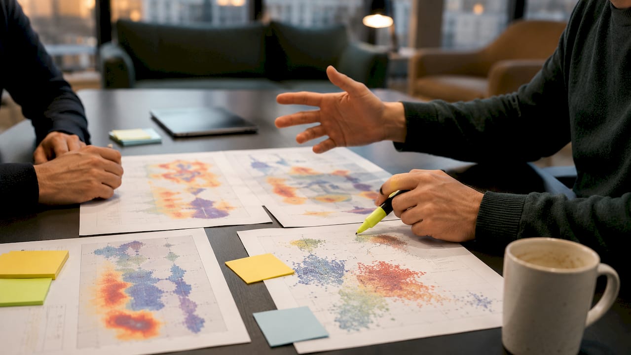 Hands annotating interview heatmap printouts