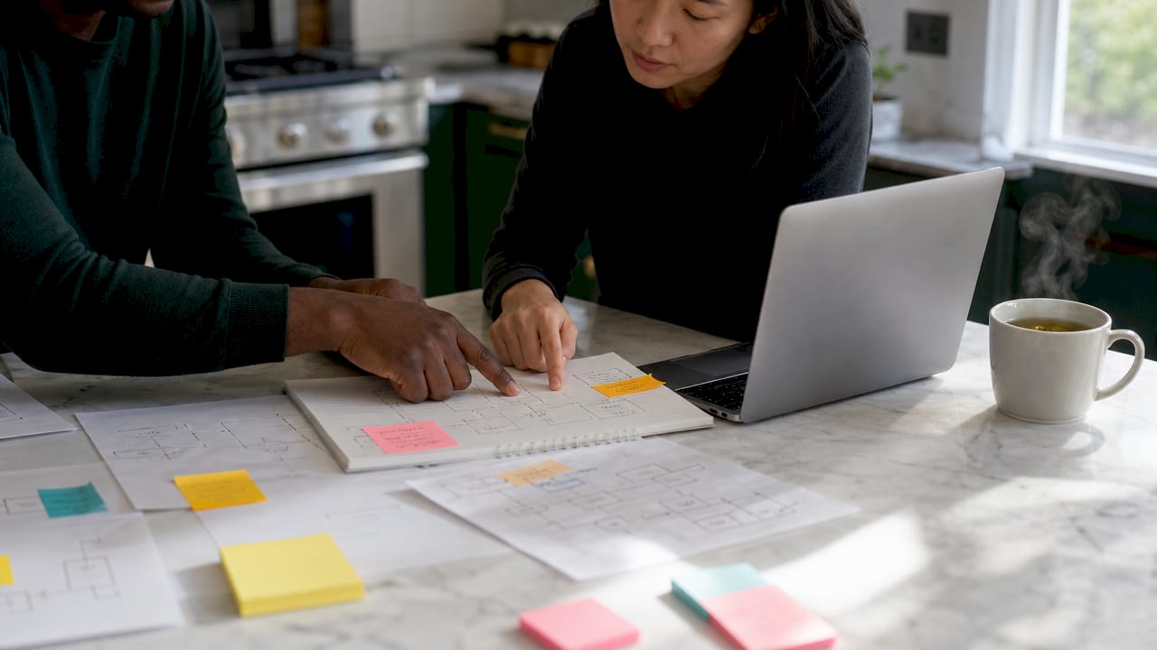 Collaborative hands pointing at AI language notes and diagram