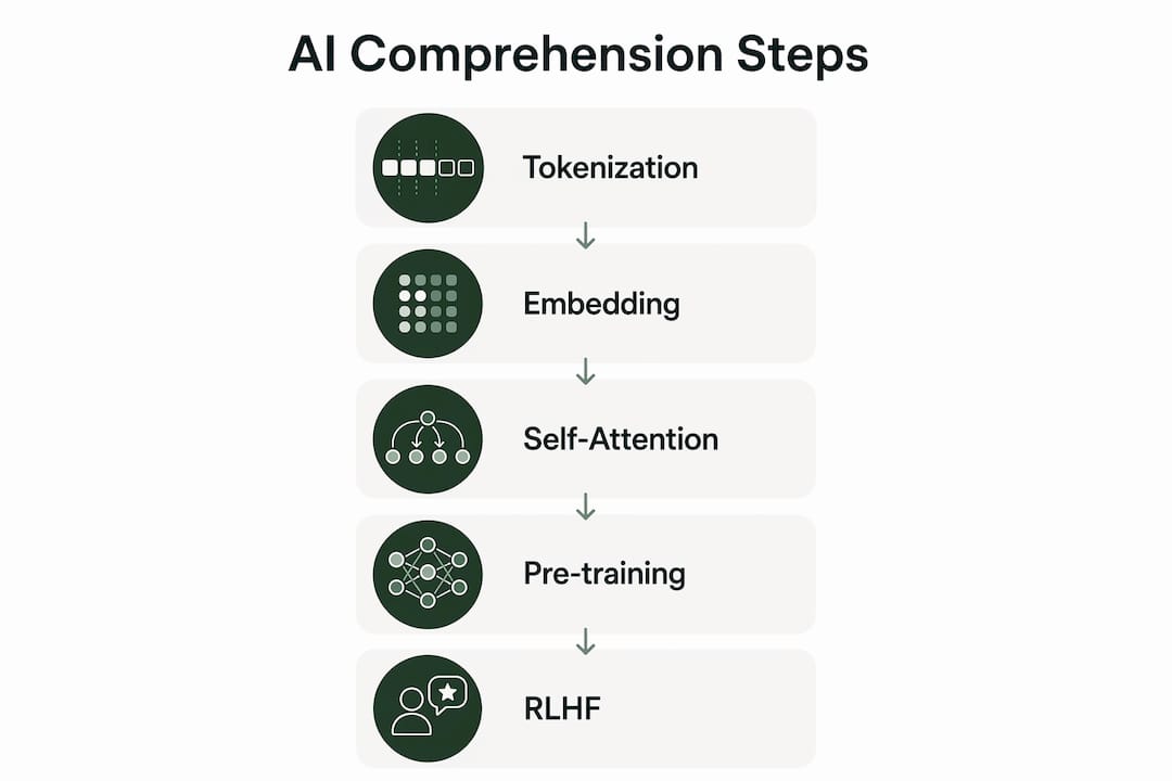 Infographic illustrating AI language comprehension process in five steps