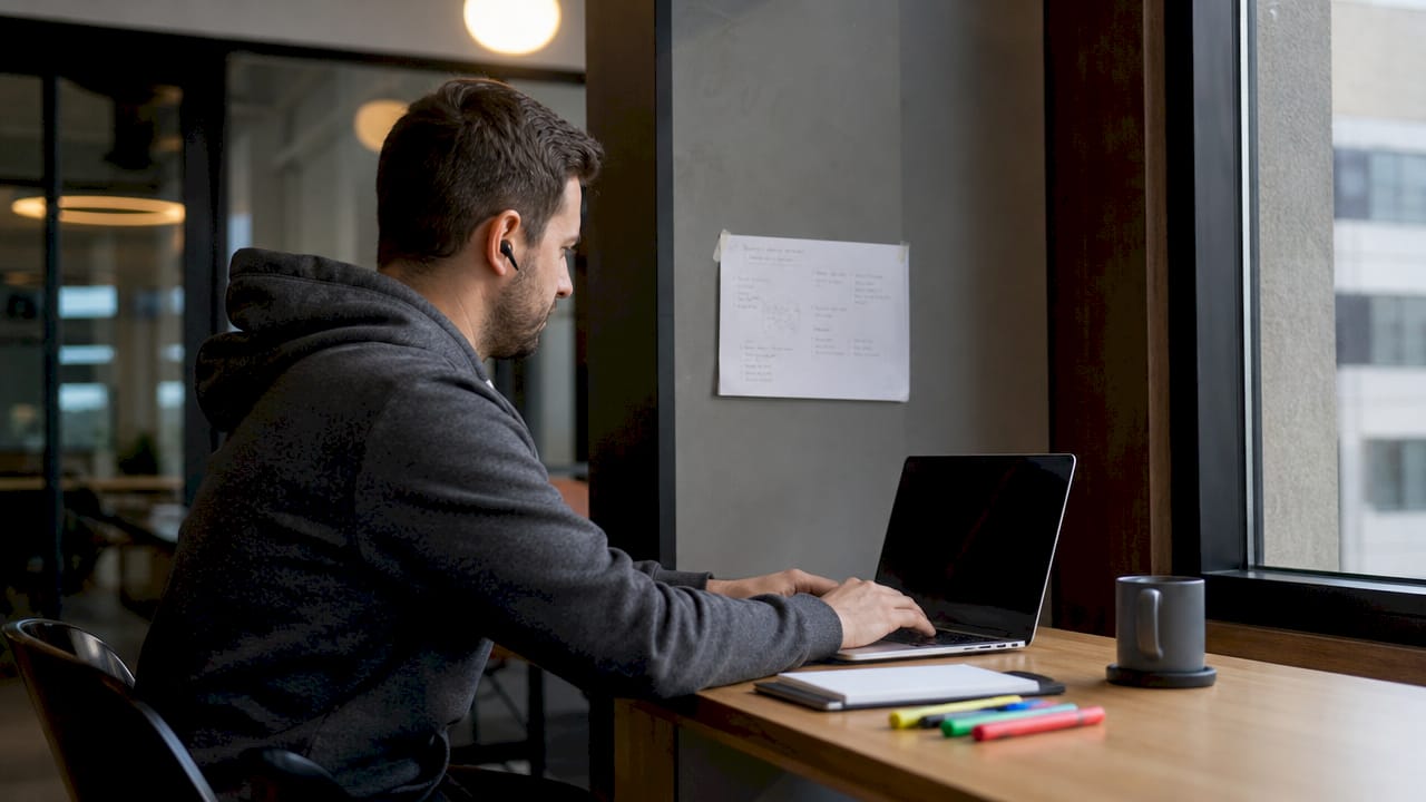 Software engineer coding in office with notes