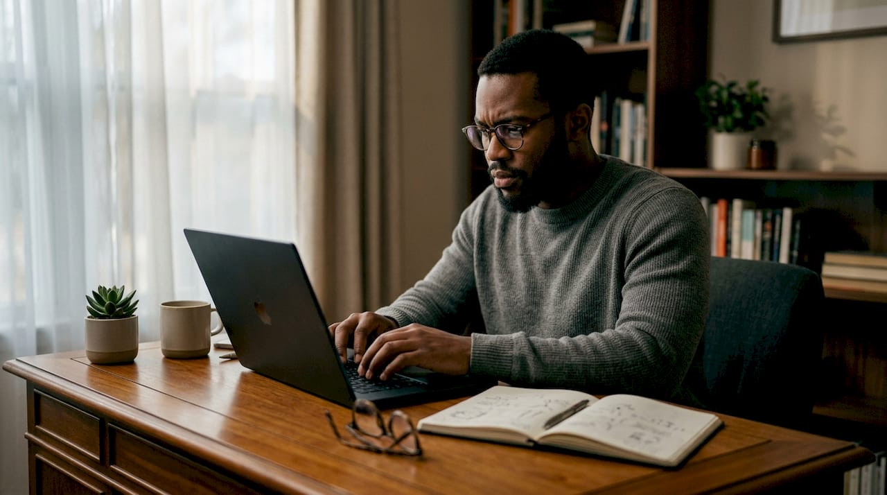 Man typing on laptop in office workspace