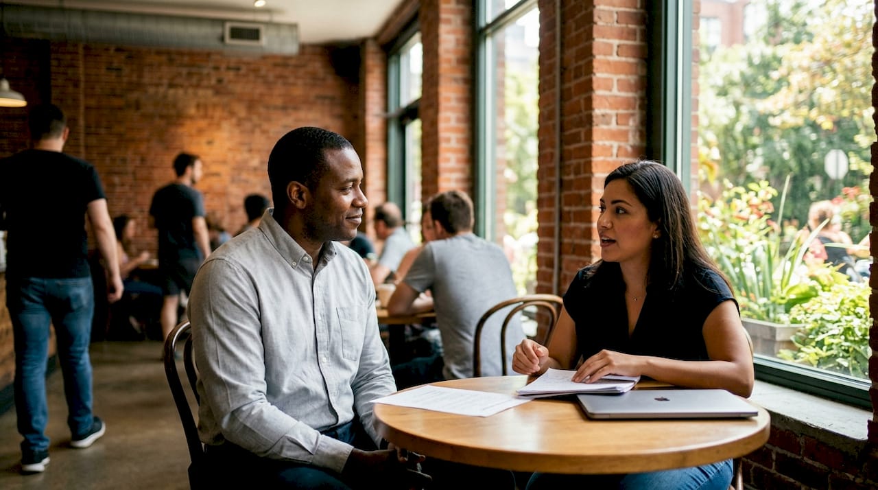 Interviewer and candidate engaged in conversation