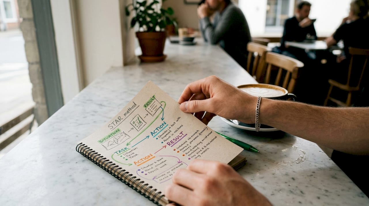 Hands holding notebook with STAR method notes