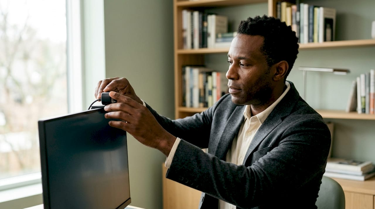 Man adjusting webcam for professional interview background
