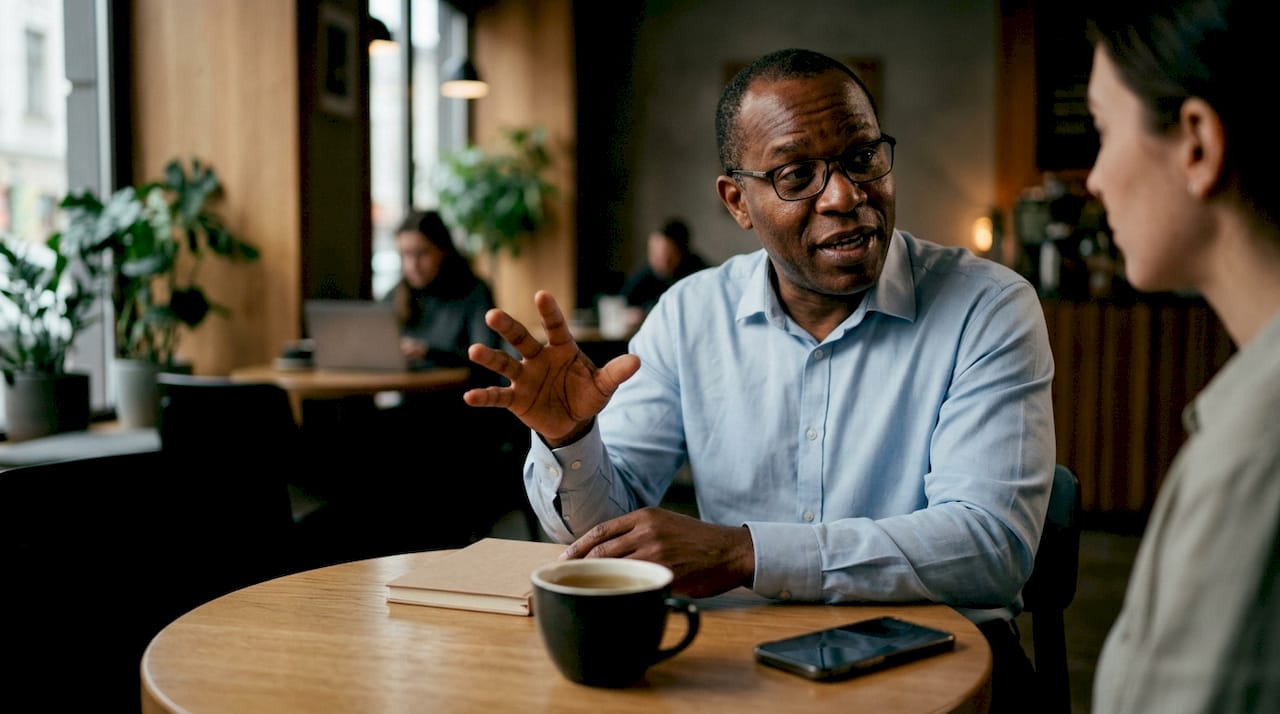 Man discussing empathy in interview coaching session